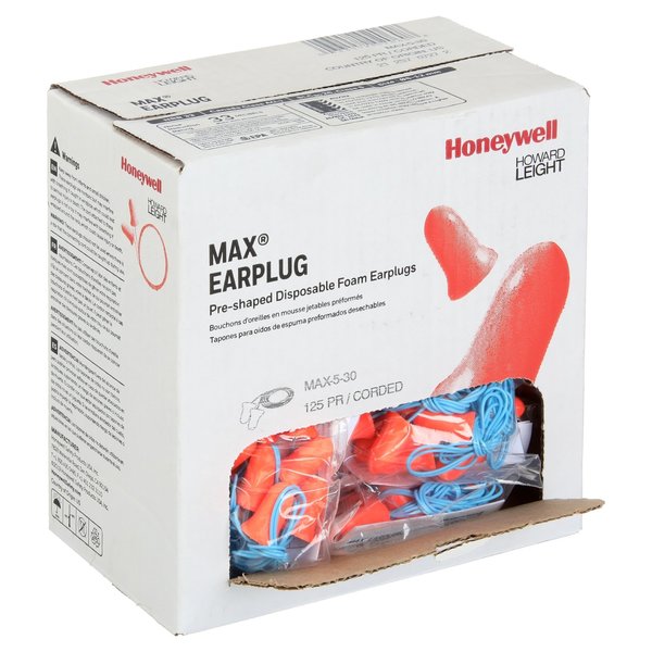 Max-30 Disposable Corded Earplugs, Foam, Bell Shape, NRR 33 dB, Coral, 100 Pairs/Box