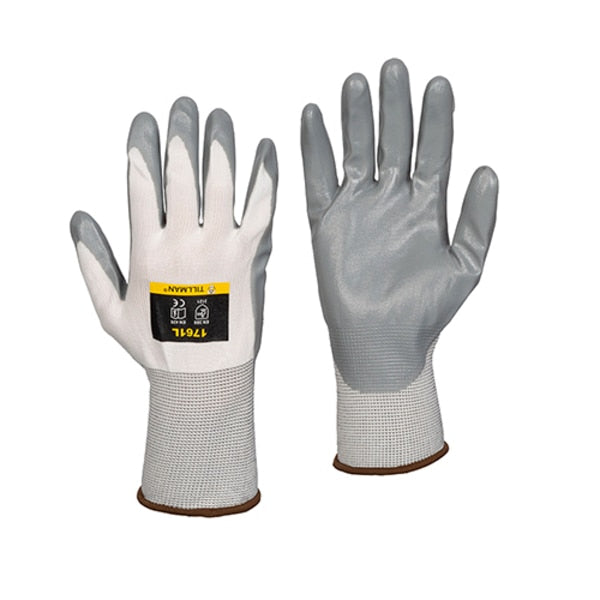 Nitrile Coated Gloves, Palm Coverage, White/Gray, L, PR