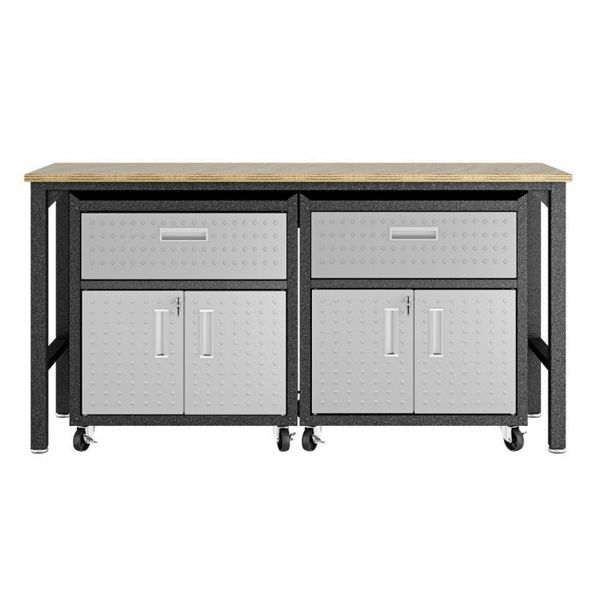 Fortress 3-Piece Mobile Steel Garage Cabinet and Worktable 4.0 in Grey