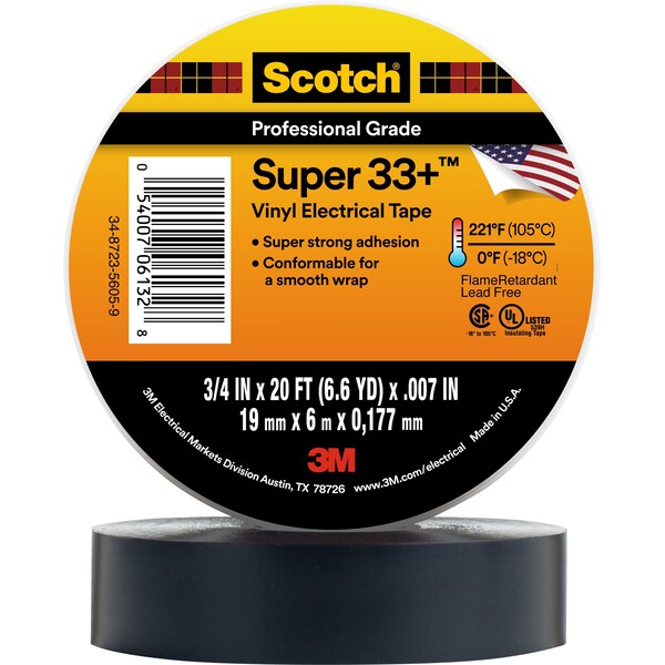 Vinyl Electrical Tape, 3/4 in W x 20 ft L, 7 mil Thick, Black, Scotch Super 33+, 10 Pk