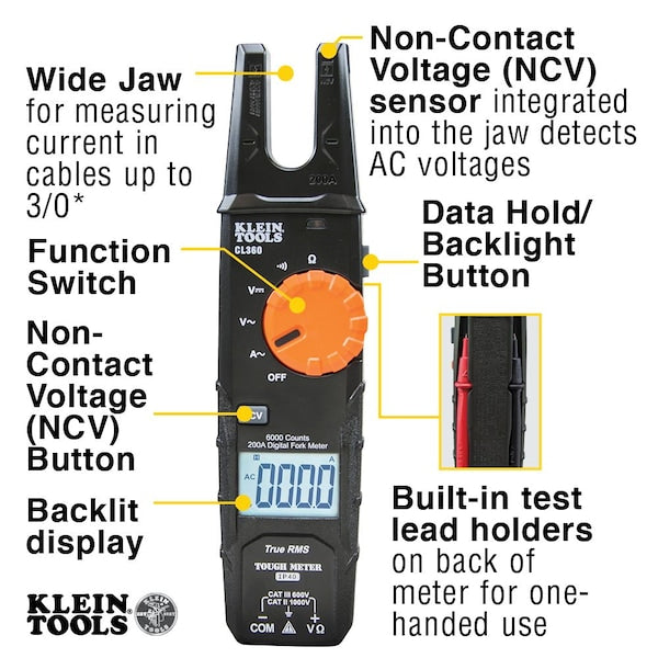 Clamp Meter, LCD, 200 A, 0.6 in (15 mm) Jaw Capacity, CAT II 1000V, CAT III 600V Safety Rating