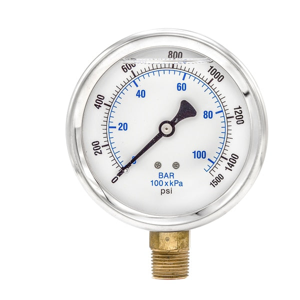 Pressure Gauge, 0 to 1500 psi, 1/2 in MNPT, Stainless Steel, Silver