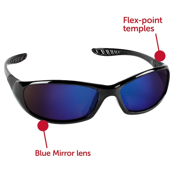 Safety Glasses, Wraparound Blue Mirror Polycarbonate Lens, Scratch-Resistant