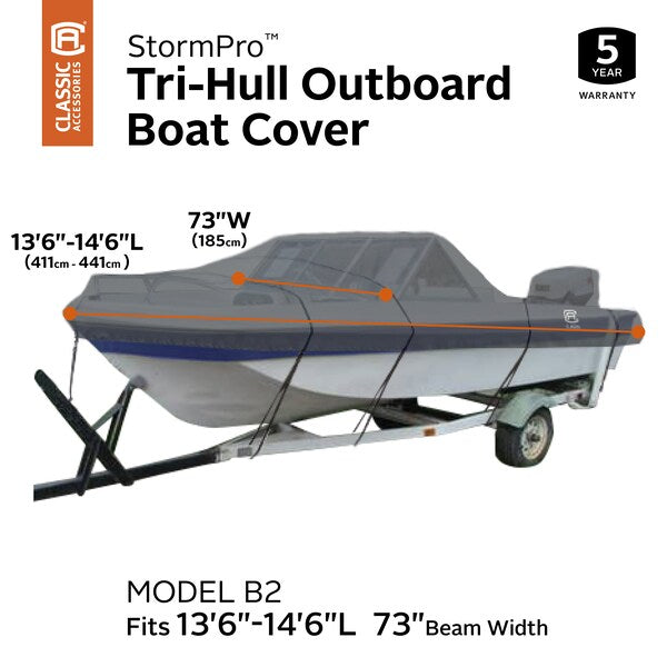 StormPro Heavy Duty Tri-Hull Outboard Cover, 13 ft 6 in - 14 ft 6 in L