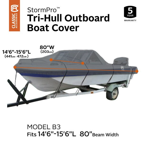 StormPro Heavy Duty Tri-Hull Outboard Cover, 14 ft 6 in - 15 ft 6 in L