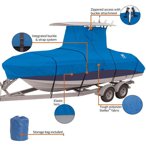 Stellex Model E Center Console T-Top Boat Cover, Blue, 20 ft - 22 ft L