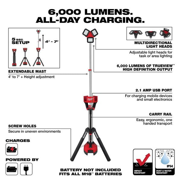 Cordless Tripod Light, M18 Battery, Rocket Series, 84 in Max Height, 6,000 Lumens, 10 Hour Run Time