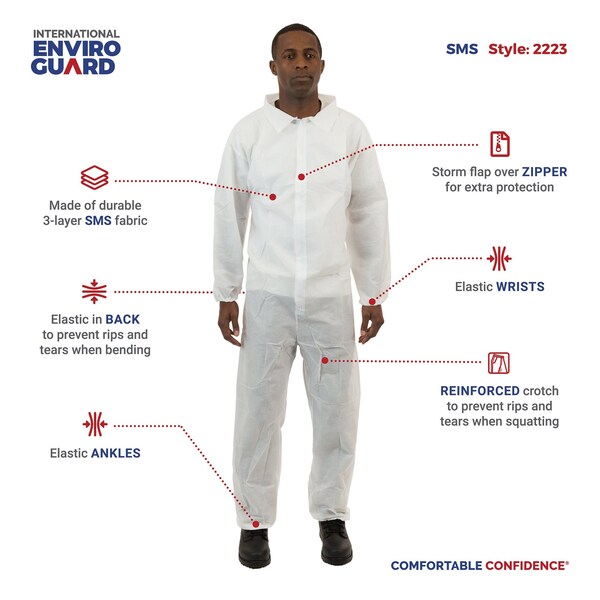 SMS Coverall, M, White, PK25, M, 25 PK, White, SMS, Storm Flap