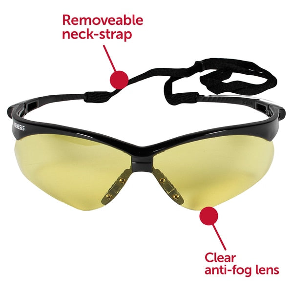 Safety Glasses, Wraparound Amber Polycarbonate Lens, Anti-Fog