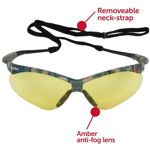 Safety Glasses, Wraparound Amber Polycarbonate Lens, Anti-Fog, Scratch-Resistant
