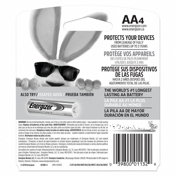 Energizer Max AA Alkaline Battery, 1.5V DC, 4 Pack