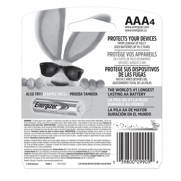 Energizer Max AAA Alkaline Battery, 1.5V DC, 4 Pack