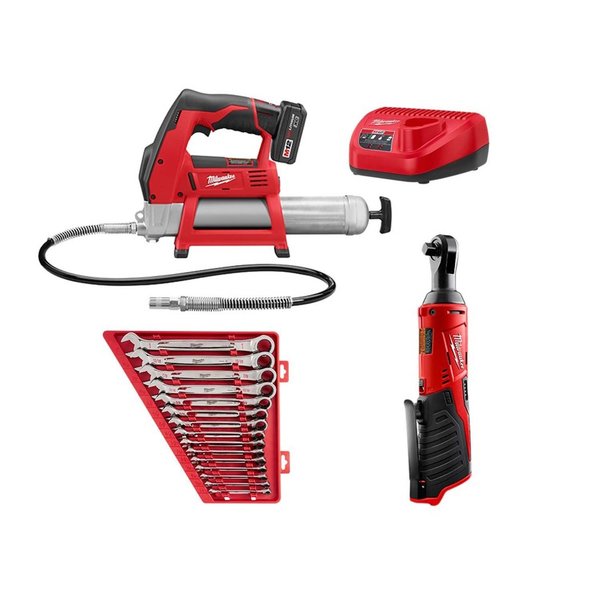 M12 Grease Gun Kit w/ M12 3/8â Ratchet, 15PC Ratcheting Wrench Set SAE