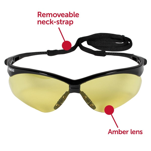 Safety Glasses, Wraparound Amber Polycarbonate Lens, Scratch-Resistant
