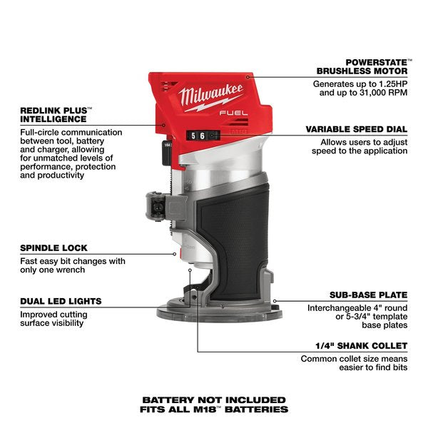 M18 FUEL Compact Router, 18V, Cordless, Tool-Only