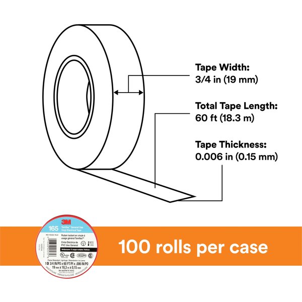 Elec Tape, 60 ft Lx3/4 in W, 6 mil, Red