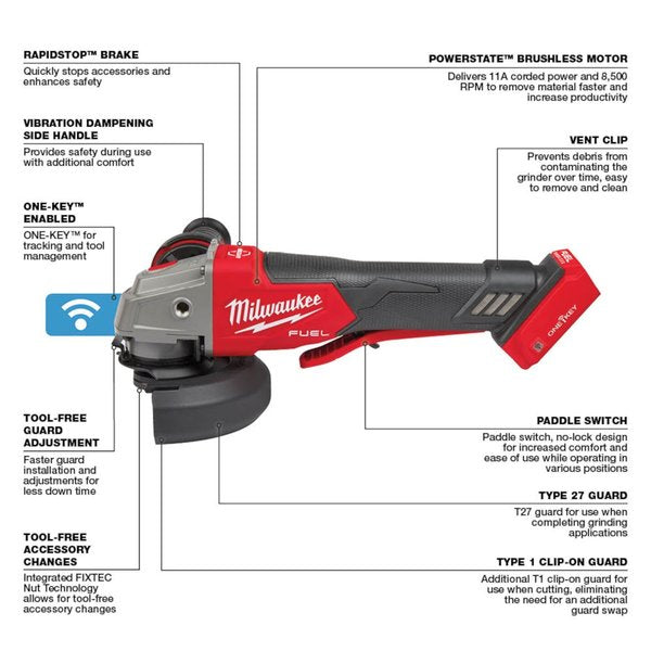 M18 FUEL 4-1/2 in. / 5 in. Braking Grinder with ONE-KEY with No-Lock Paddle Switch (Tool Only)