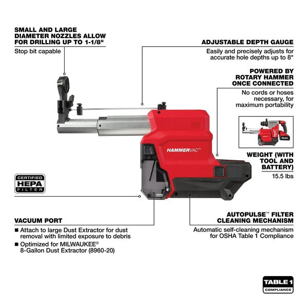 M18 FUEL HAMMERVAC Dedicated Dust Extractor for M18 FUEL 1-1/8 in. SDS-Plus Rotary Hammer