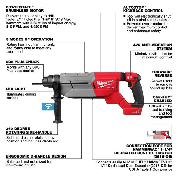 M18 FUEL 1-1/4 in. SDS-Plus D-Handle Rotary Hammer with ONE-KEY (Tool Only)