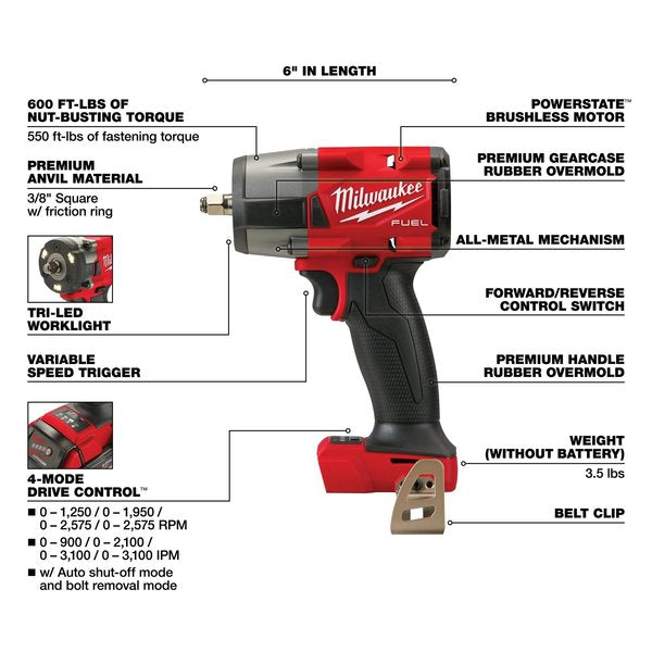 M18 FUEL 3/8 in. Mid-Torque Impact Wrench with Friction Ring (Tool Only)