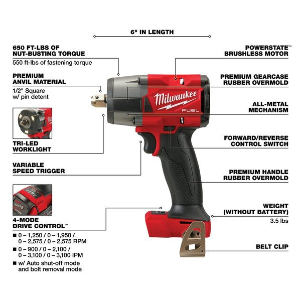 M18 FUEL 1/2 in. Mid-Torque Impact Wrench with Pin Detent (Tool Only)