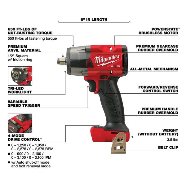 M18 FUEL 1/2 in. Mid-Torque Impact Wrench with Friction Ring (Tool Only)