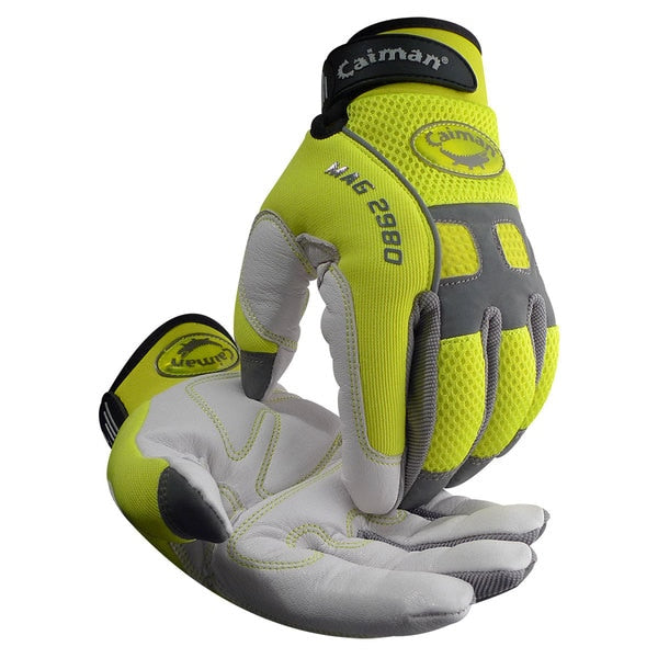 Hi-Vis Mechanics Gloves, M, Yellow/White, Internal Padding, Mesh/Neoprene