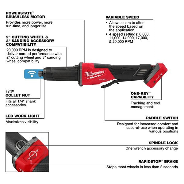 M18 FUEL Variable Speed Braking Die Grinder with ONE-KEY with No-Lock Paddle Switch (Tool Only)