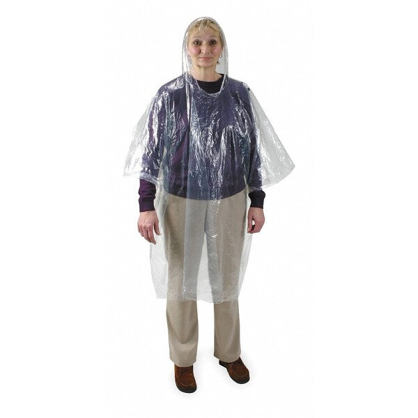 Disposable Rain Poncho, Clear, Polyethylene, Pull-On, 40 in Lg, 0.02 mm Thick, 24 Per Pack