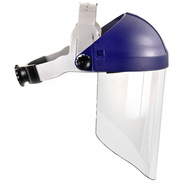 Ratchet Headgear with Clear Polycarbonate Faceshield, Uncoated, 9 in Visor Height, Blue