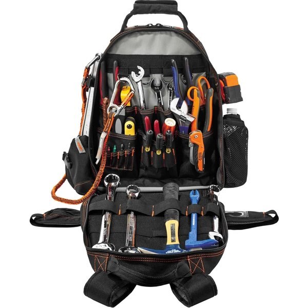 Tool Backpack Dual Compartment, Gray, 1200D Ballistic Polyester, 4 Molded ABS Plastic (Bases), Black