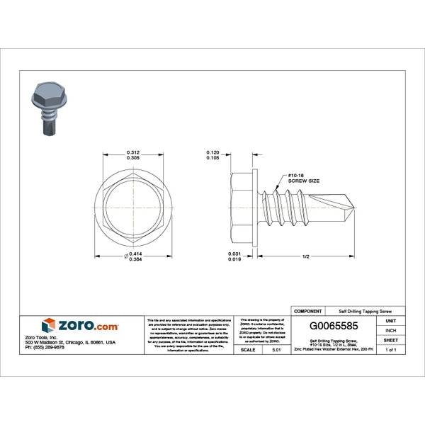 Self-Drilling Screw, #10 x 1/2 in, Zinc Plated Steel Hex Head External Hex Drive, 200 PK