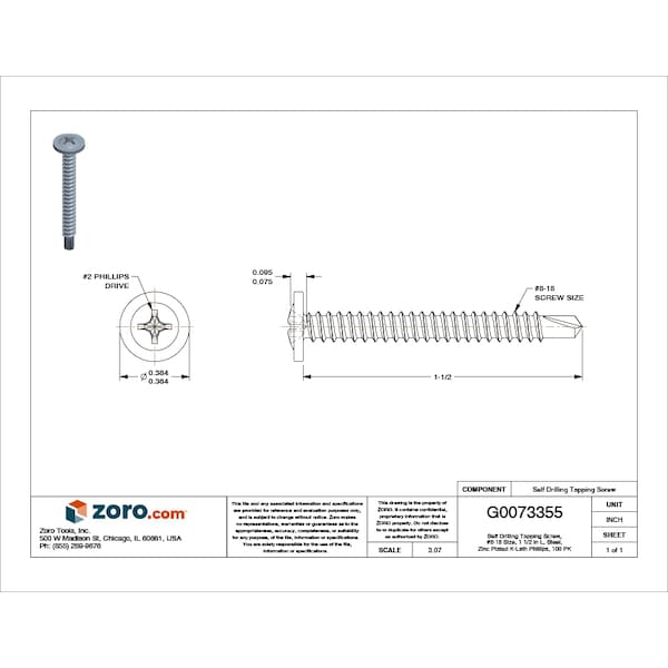 Self-Drilling Screw, #8 x 1 1/2 in, Zinc Plated Steel K-Lath Head Phillips Drive, 100 PK