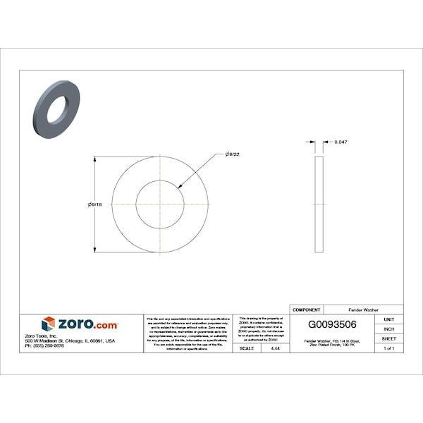 Fender Washer, Fits Bolt Size 1/4 in , Steel Zinc Plated Finish, 100 PK
