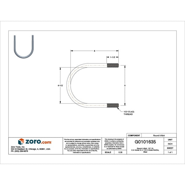 Round U-Bolt, 1/2