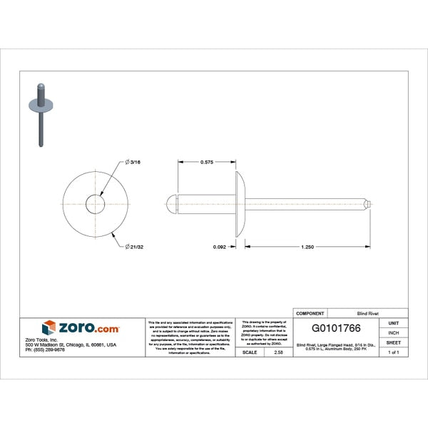 Blind Rivet, Flanged Head, 3/16 in Dia., 37/64 in L, Aluminum Body, 250 PK