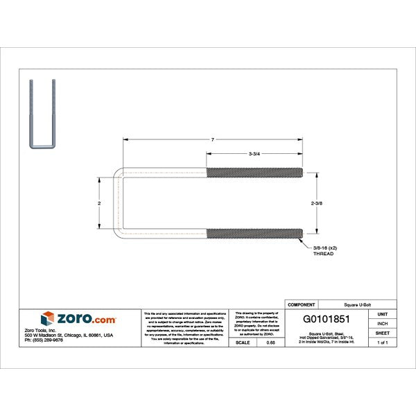 Square U-Bolt, 3/8