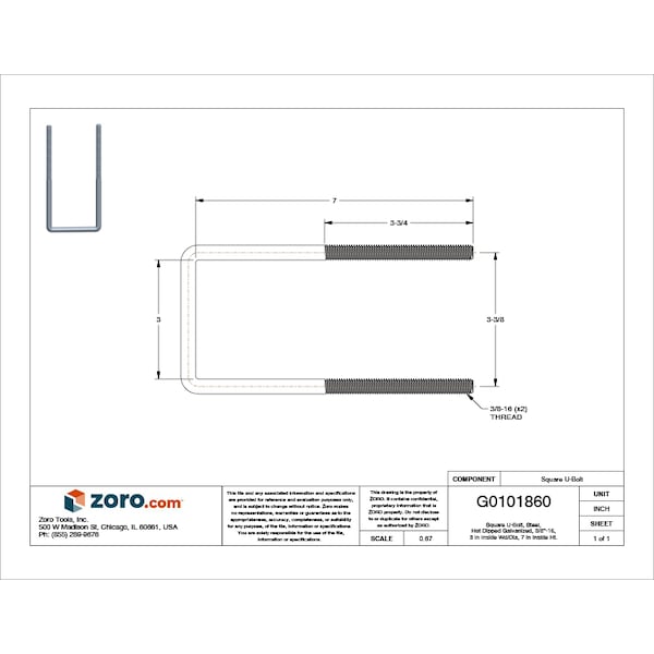 Square U-Bolt, 3/8