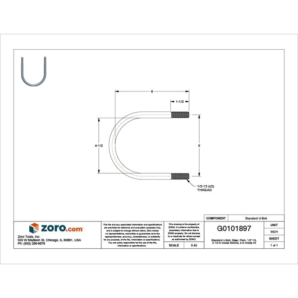 Round U-Bolt, 1/2