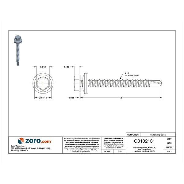 Self-Drilling Screw, #10 x 2 in, Zinc Plated Steel Hex Head Hex Drive, 100 PK