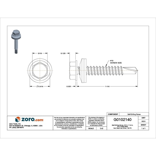 Self-Drilling Screw, #10 x 1-1/4 in, Zinc Plated Steel Hex Head Hex Drive, 100 PK