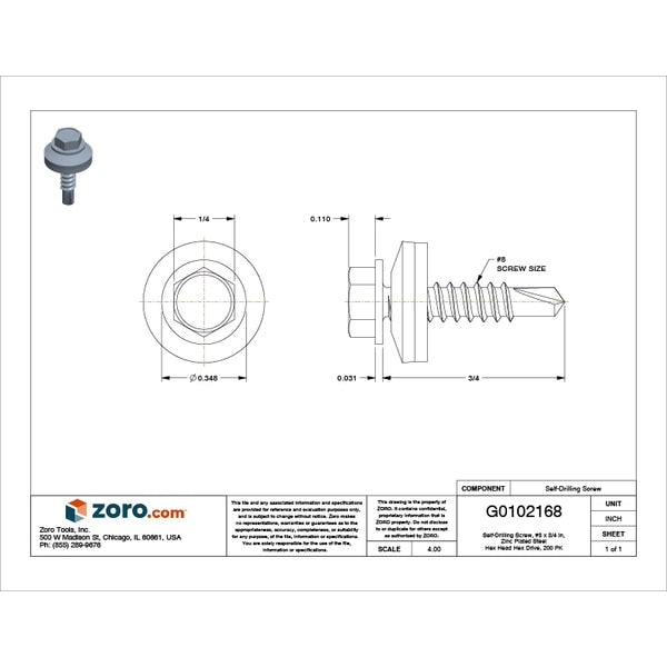 Self-Drilling Screw, #8 x 3/4 in, Zinc Plated Steel Hex Head Hex Drive, 200 PK