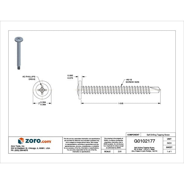 Self-Drilling Screw, #8 x 1 5/8 in, Zinc Plated Steel K-Lath Head Phillips Drive, 100 PK