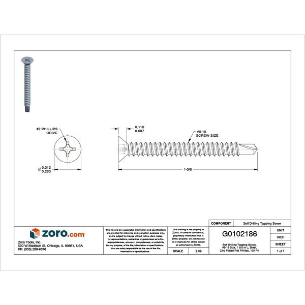 Self-Drilling Screw, #8 x 1 5/8 in, Zinc Plated Steel Flat Head Phillips Drive, 100 PK