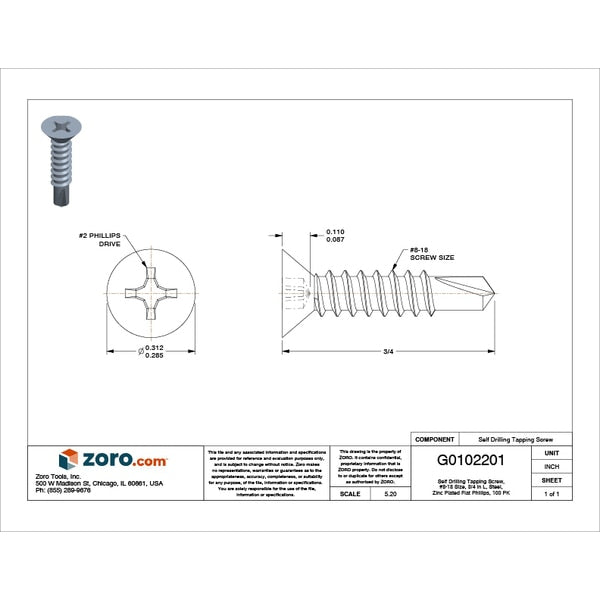 Self-Drilling Screw, #8 x 3/4 in, Zinc Plated Steel Flat Head Phillips Drive, 100 PK
