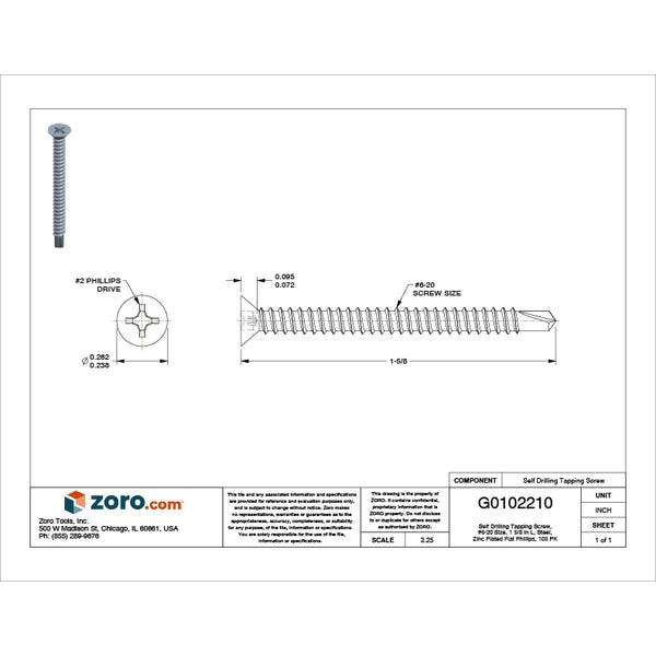 Self-Drilling Screw, #6 x 1 5/8 in, Zinc Plated Steel Flat Head Phillips Drive, 100 PK