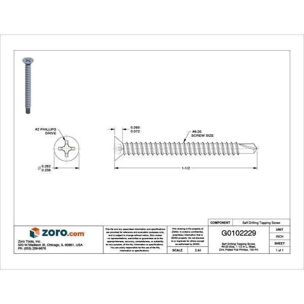 Self-Drilling Screw, #6 x 1 1/2 in, Zinc Plated Steel Flat Head Phillips Drive, 100 PK