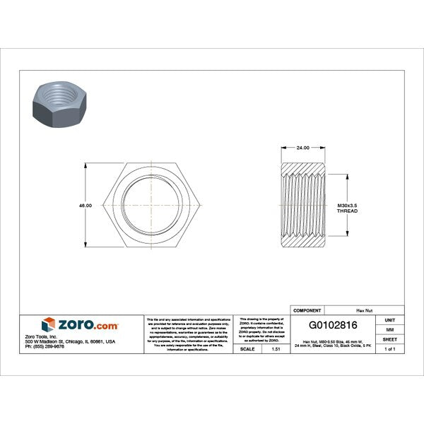 Hex Nut, M30-3.50, Steel, Class 10, Black Oxide, 24 mm Ht, 5 PK