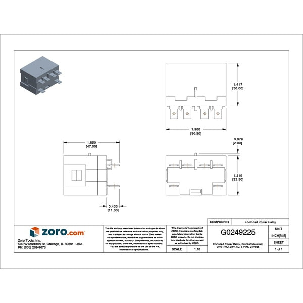 Enclosed Power Relay, Bracket Mounted, DPST-NO, 24V AC, 6 Pins, 2 Poles