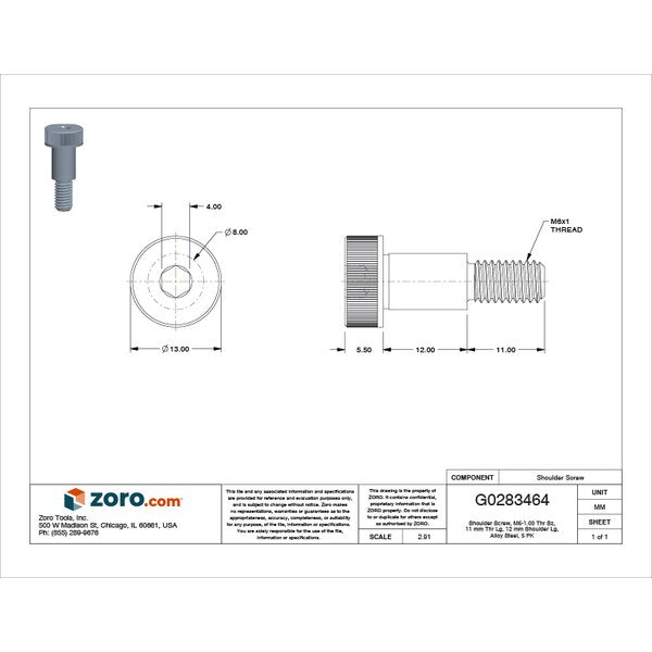 Shoulder Screw, M6-1.00 Thr Sz, 11 mm Thr Lg, 12 mm Shoulder Lg, Alloy Steel, 5 PK